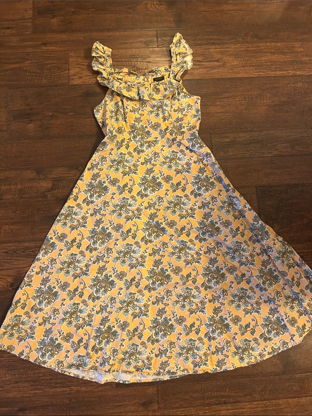 Ann Taylor Yellow Floral Ruffle-Shoulder Midi Dress
